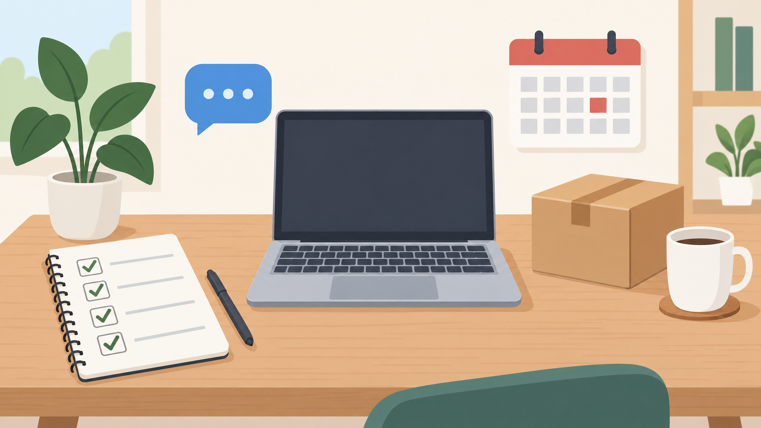 Hands reviewing and checking a business checklist beside a laptop and small parcel, illustrating human review of AI drafts
