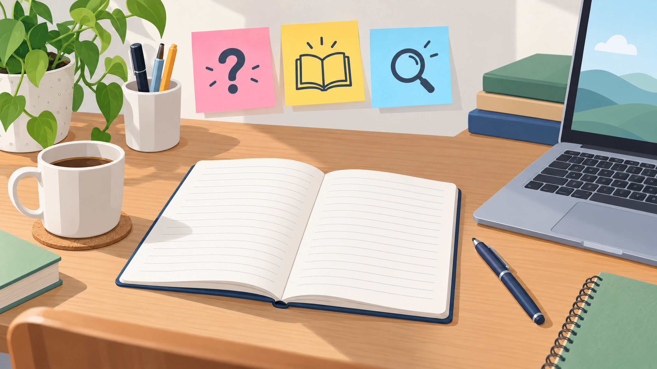 A student hand writing a summary in a notebook beside a laptop and textbook, with a magnifying glass to suggest checking facts