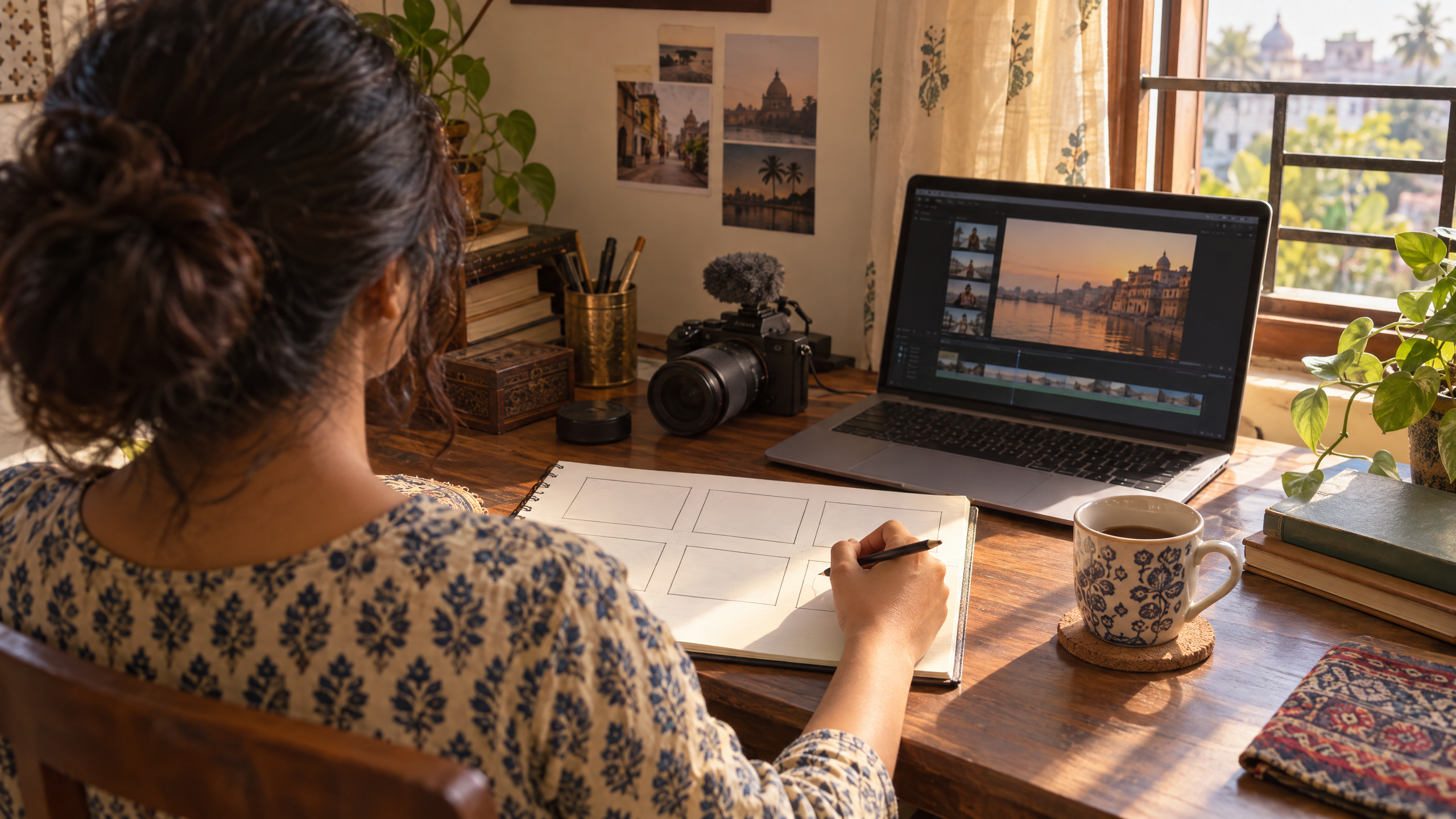 A creator planning a short film at a desk in an Indian home with a storyboard notebook, laptop and camera, illustrating AI video tools