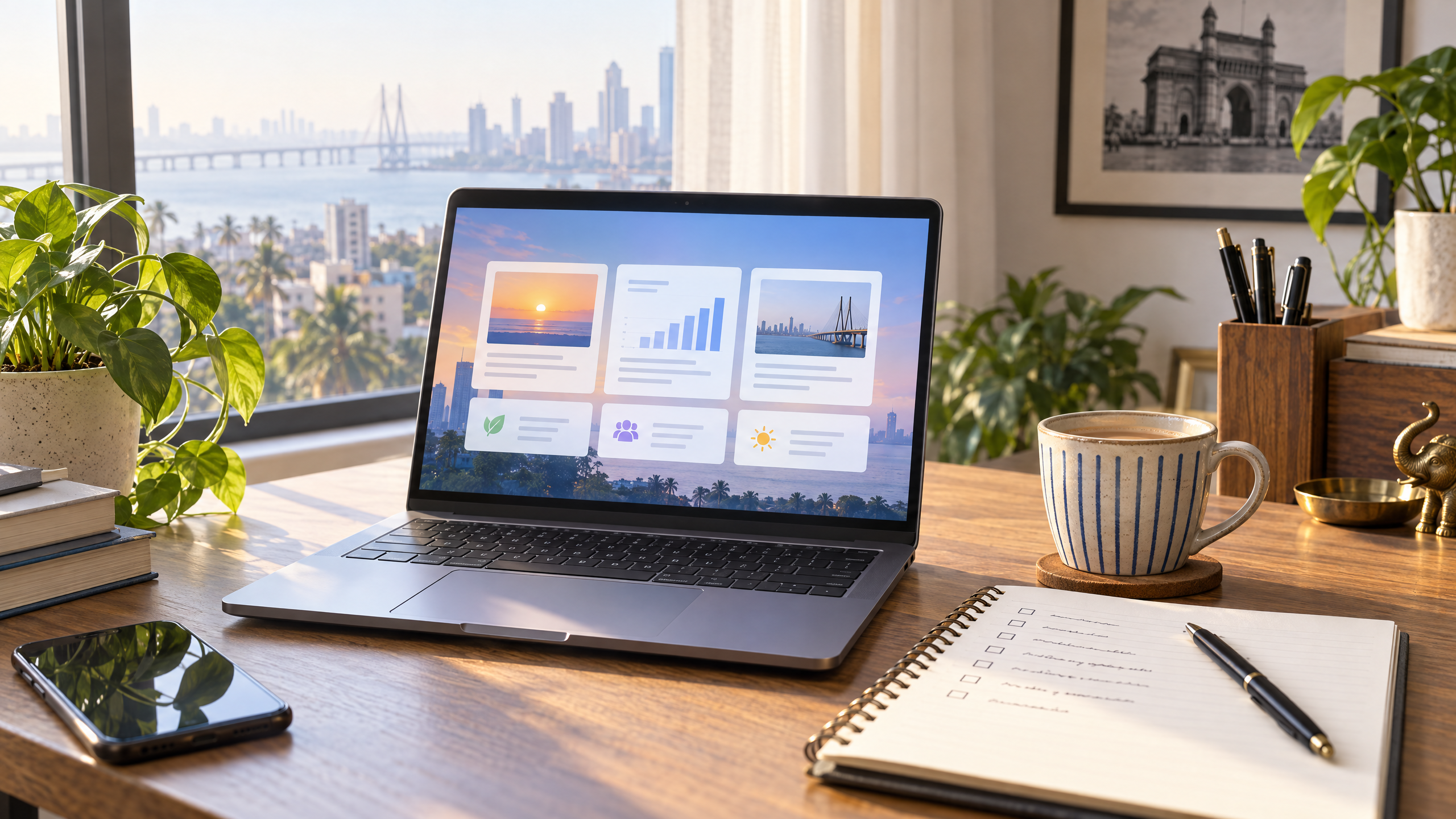 Illustration of a bright Mumbai home office with a laptop showing a daily briefing, a checklist notebook and a cup of chai, representing Claude Duet's daily briefing