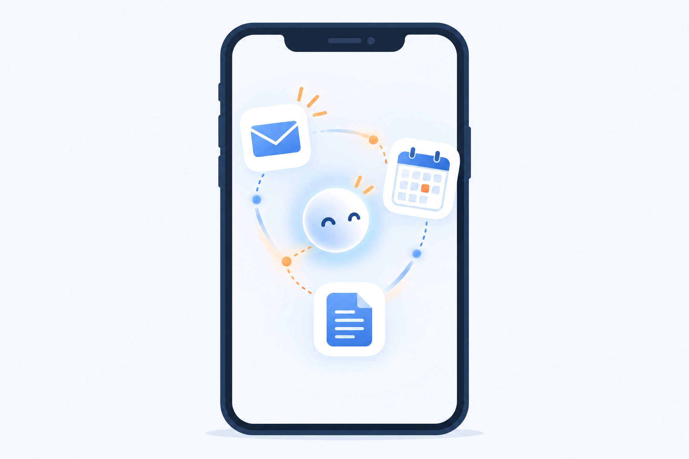 Illustration of a friendly AI agent moving between email, calendar and document icons on a smartphone screen