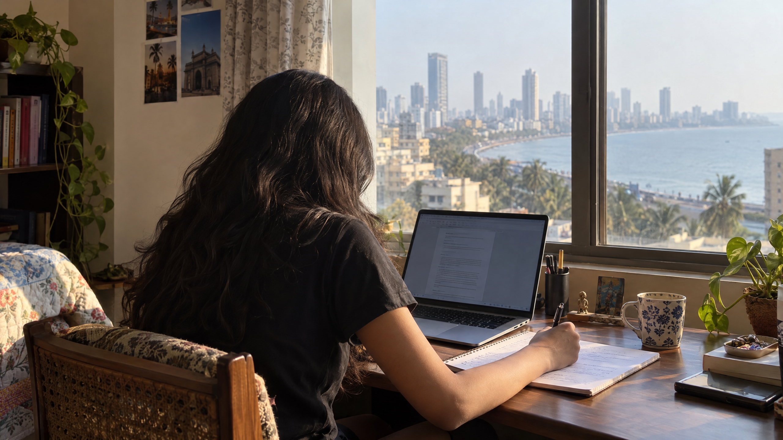 A student working on a laptop by a window in a Mumbai home with a notebook beside them, illustrating how to learn AI for free