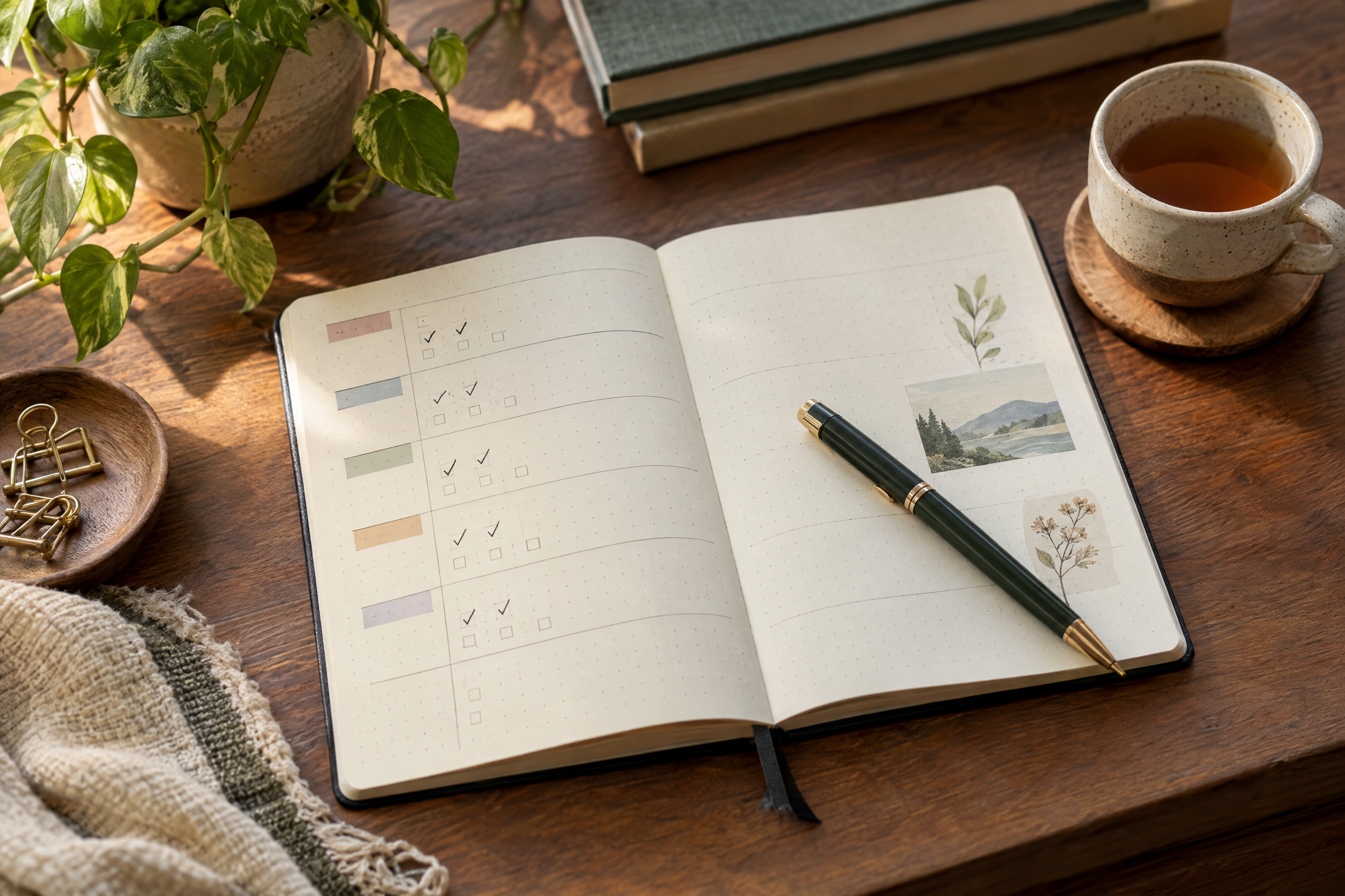 A notebook with a simple weekly practice plan and a pen on a wooden desk, illustrating daily AI practice