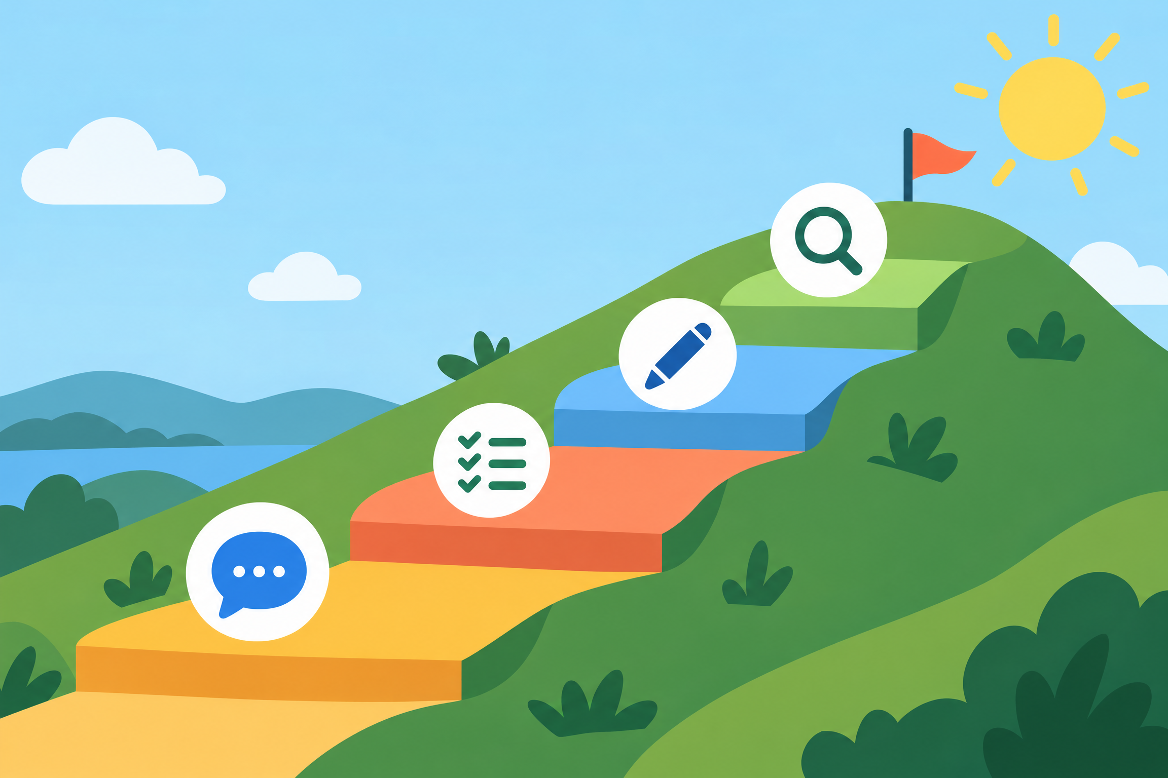 Illustration of a four-step path with icons for a chat bubble, a checklist, a pen and a magnifying glass