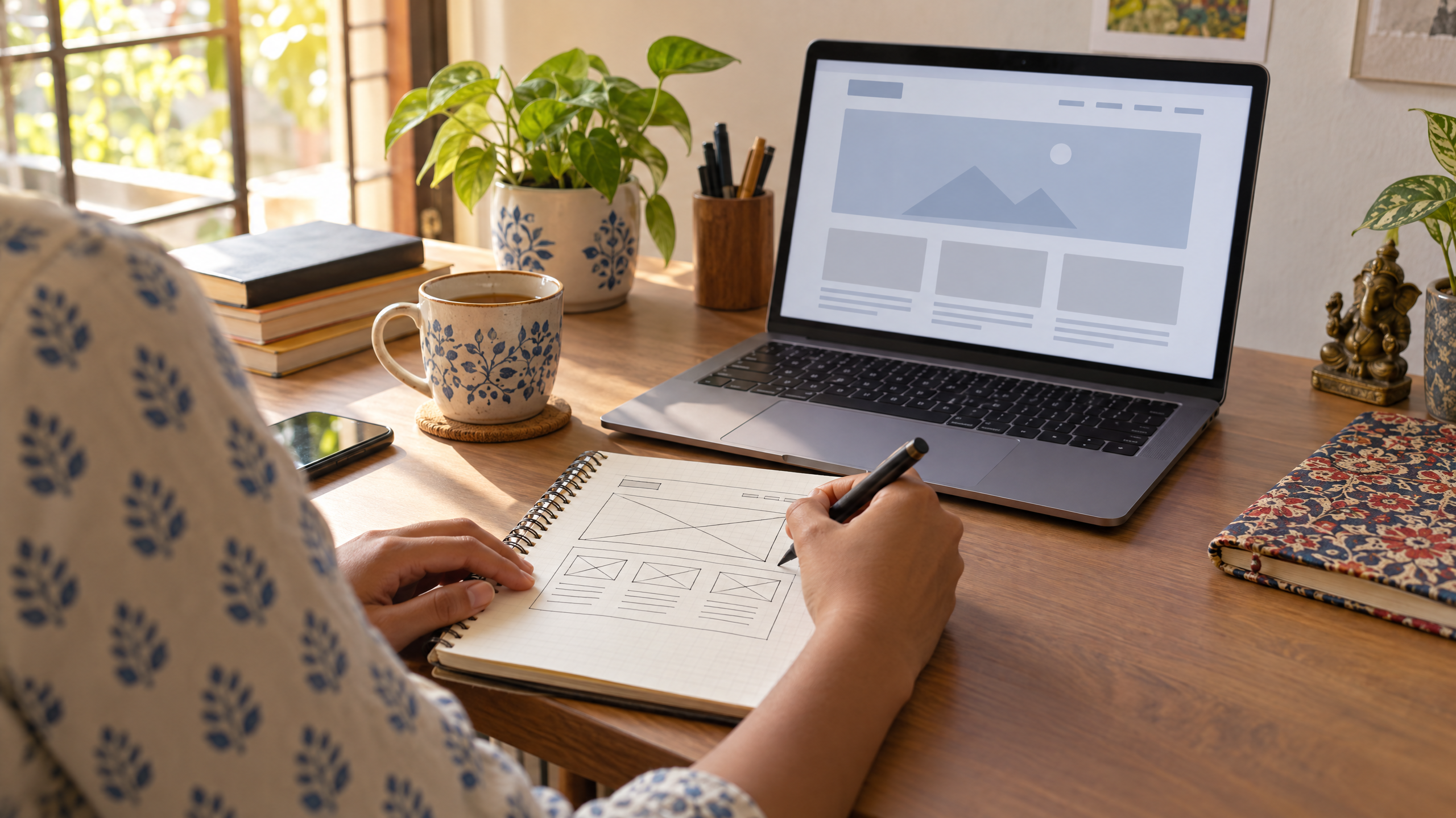 A beginner sketching a simple website layout in a notebook beside a laptop in an Indian home workspace, illustrating vibe coding