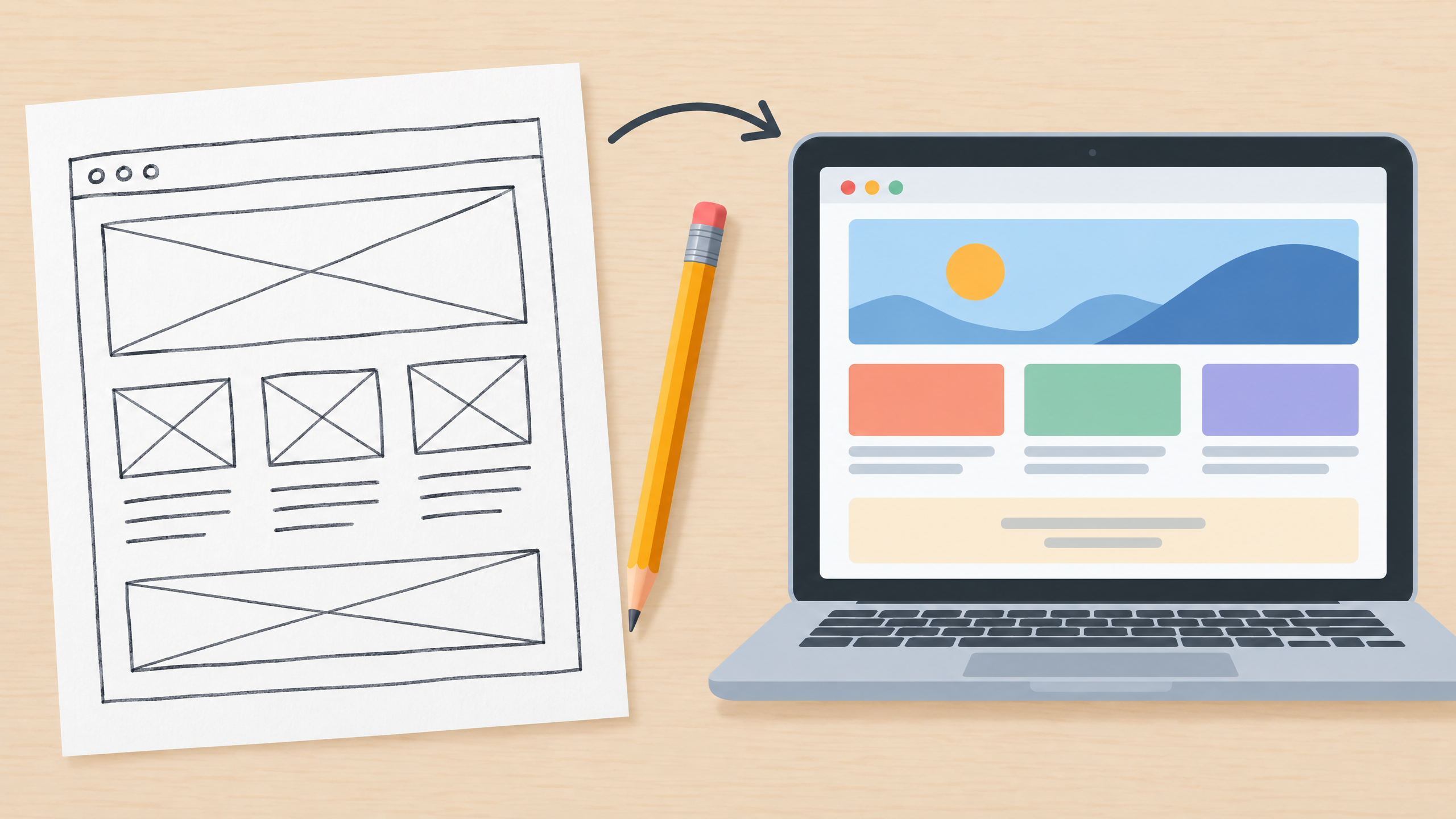 Hands testing a simple webpage on a laptop beside a notebook checklist, illustrating how to review a vibe-coded site